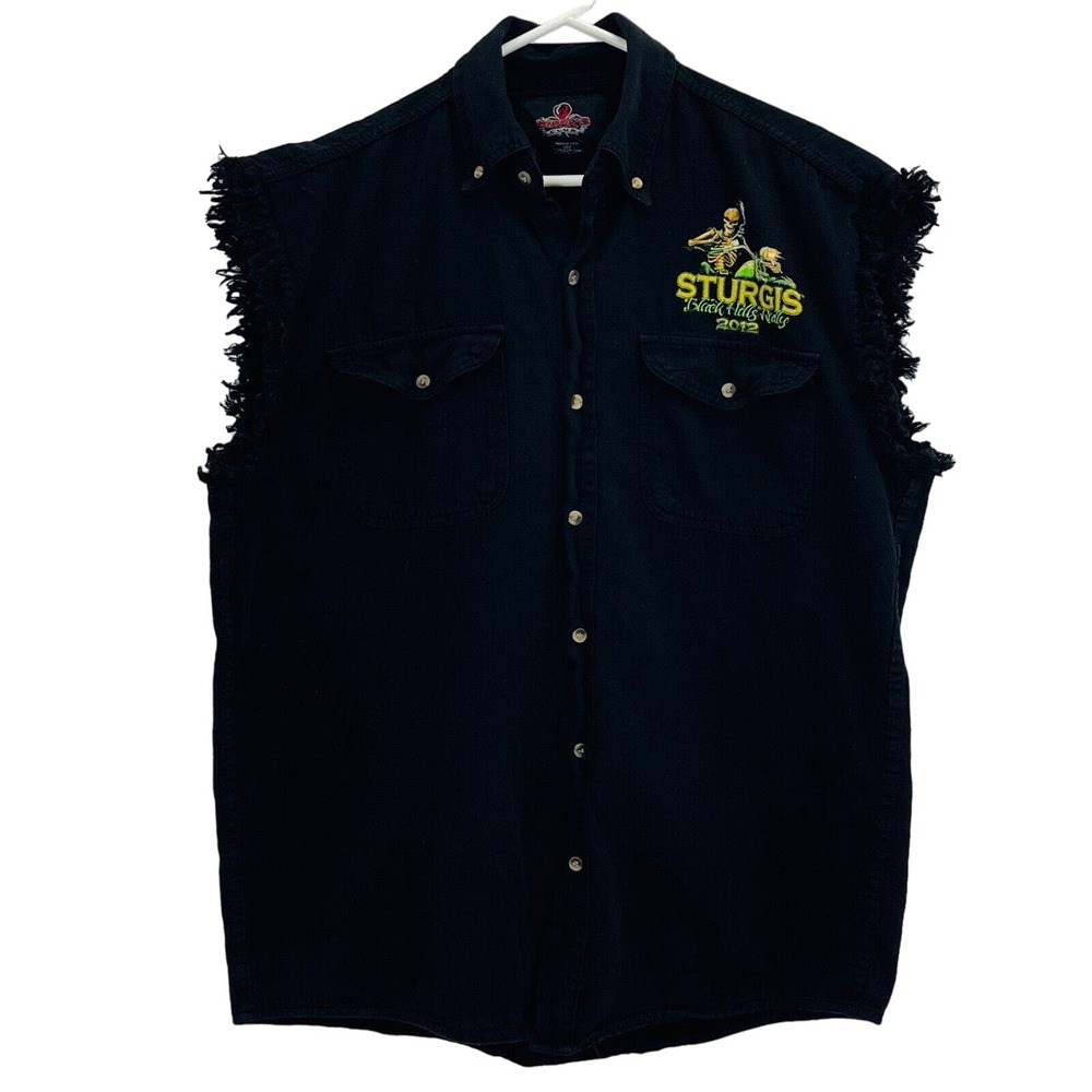 Mens XL Biker's Club‎ Sturgis 2012 Skeleton Motorcycle Sleeveless Button Shirt